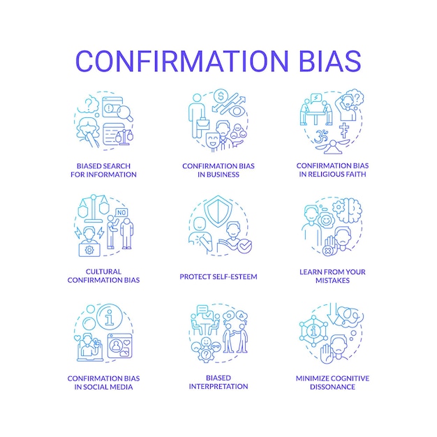 Confirmation bias blue gradient concept icons set