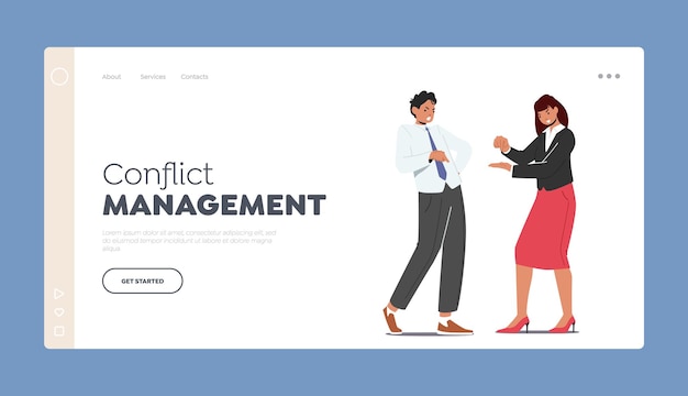 Conflict Management Landing Page Template Office Colleagues Fighting Quarrel and Arguing Man and Woman Fight