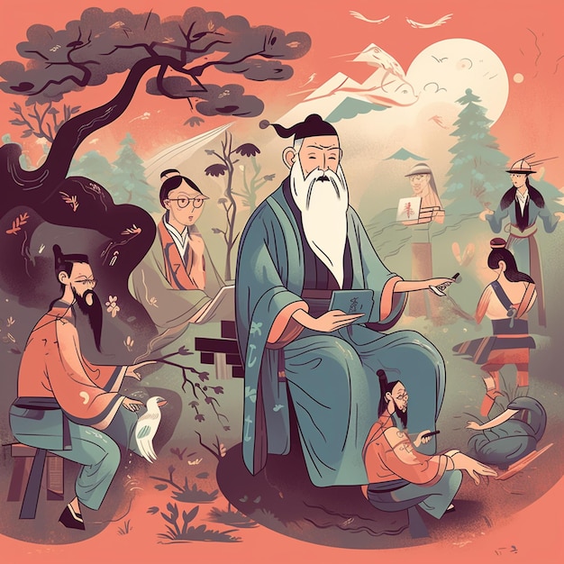 Confucius teaching curious students