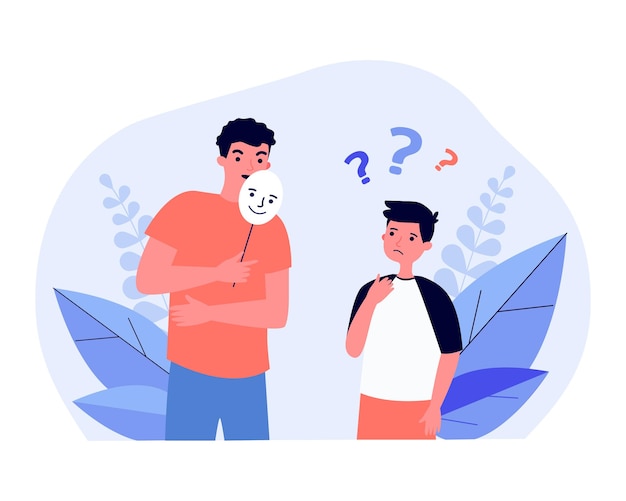 Confused boy looking at man covering face with smiling mask. Liar talking to child, hiding identity or emotions flat vector illustration. Disguise, psychology concept for banner, landing web page