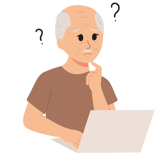 Confused elderly using laptop internet gadget illustration