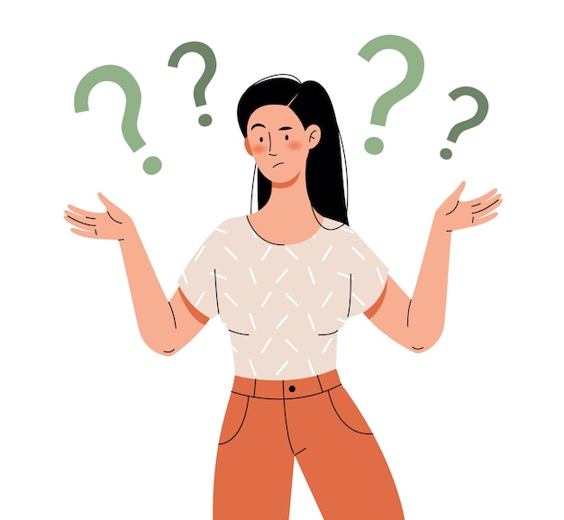 Confused girl with question marks Isolated flat character on a white background