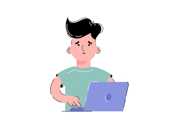 Confused guy with a laptop Isolated on white background Trendy flat vector style