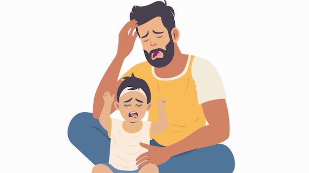 Vector confused papa with baby having fever flat vector illustration