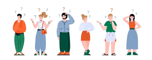 Confused people set cartoon men and women with question marks