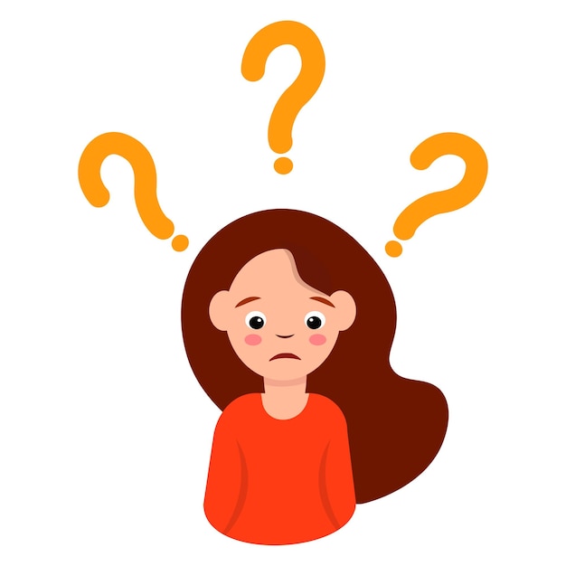 Confused woman face Simple flat vector illustration of question dilemma problem concept isolated on white cartoon character business asking analysis mark