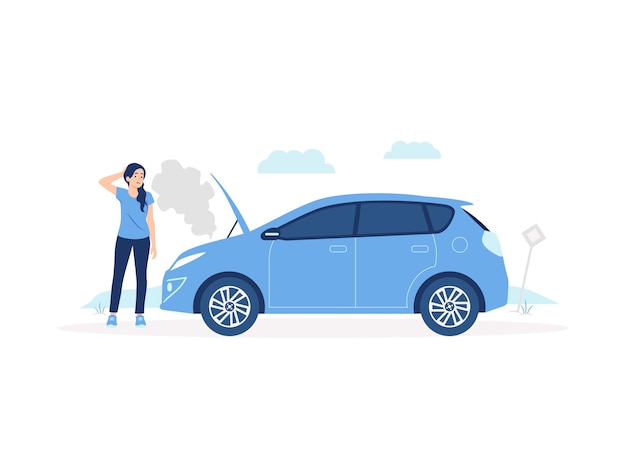 Confused woman at roadside standing in front of her broke down car with smoke coming out from overheat engine concept illustration