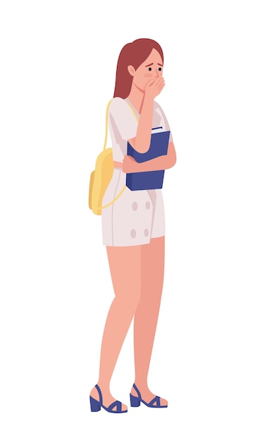 Confused woman with textbook semi flat color vector character