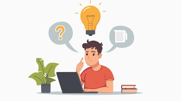 Vector confused young man sitting in front of laptop with question mark