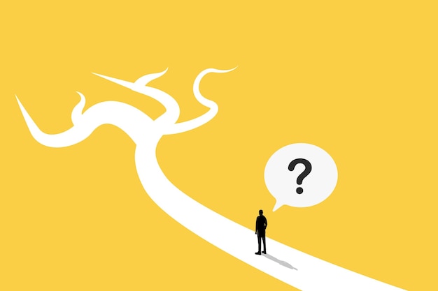 Confusing businessman looking at multiple road with question mark and thinking which way to go Business decision making career path work direction or choose the right way to success concept