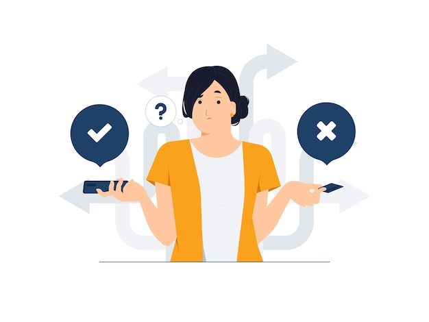 Confusing woman holding phone and credit card with question mark and think which way to success Business decision making career path work direction dilemma choose undecided concept illustration