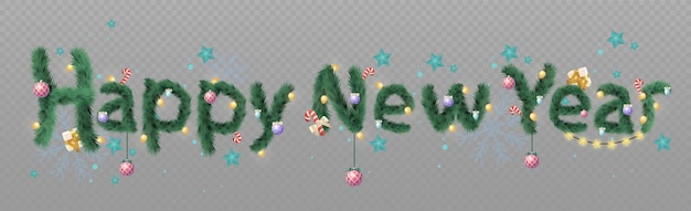 Congratulation Happy New Year stylish design from fir branches with holiday decorations Vector