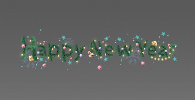 Congratulation Happy New Year stylish design from fir branches with holiday decorations Vector