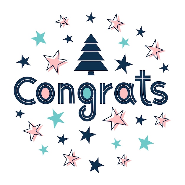 Vector congratulations lettering with a decorated christmas tree and stars. greeting card for new year, christmas. hand written lettering. vector illustration