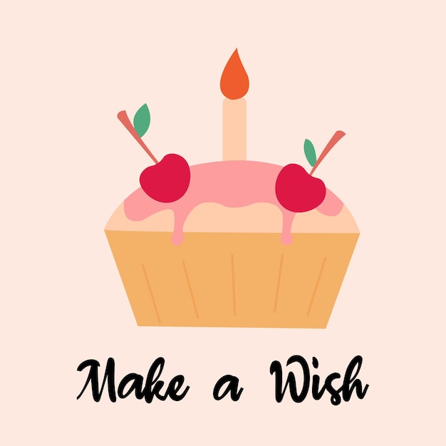 Congratulations Make a Wish lettering with cupcake Calligraphy design for postcard poster graphics Simple vector Happy birthday card colored element Party decor cake with candle