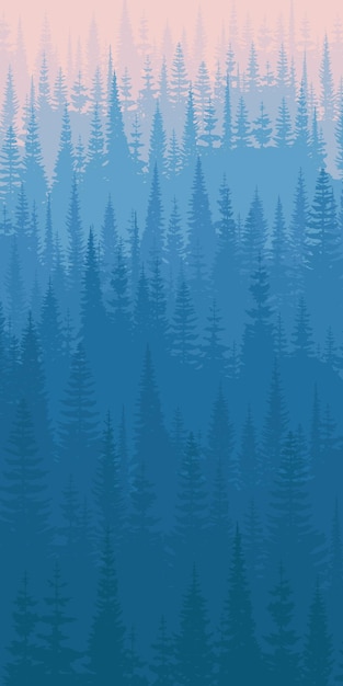 Vector coniferous forest in the morning haze vertical banner