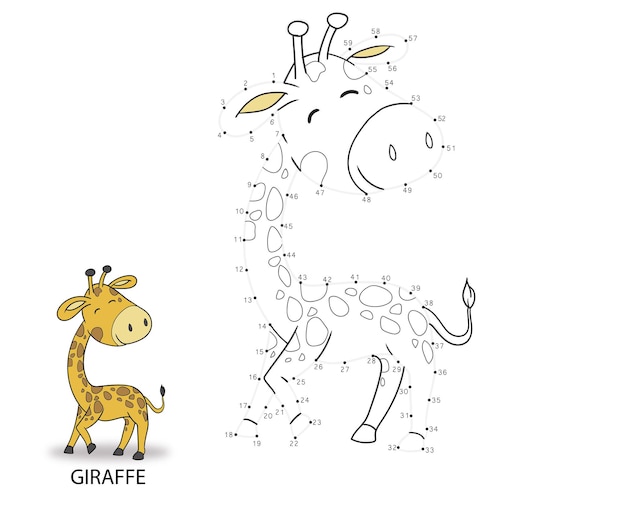 Connect dot to dot game numbers game draw a line vector illustration of cute giraffe cartoon educational games for kids