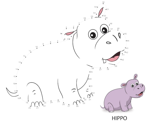 Connect dot to dot game numbers game draw a line vector illustration of cute hippo cartoon educational games for kids