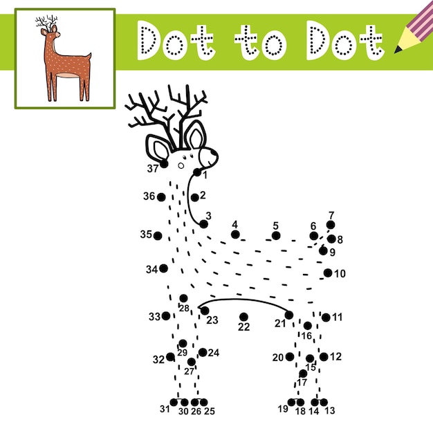 Connect the dots and draw a cute deer Dot to dot game with funny reindeer Educational page for kids 