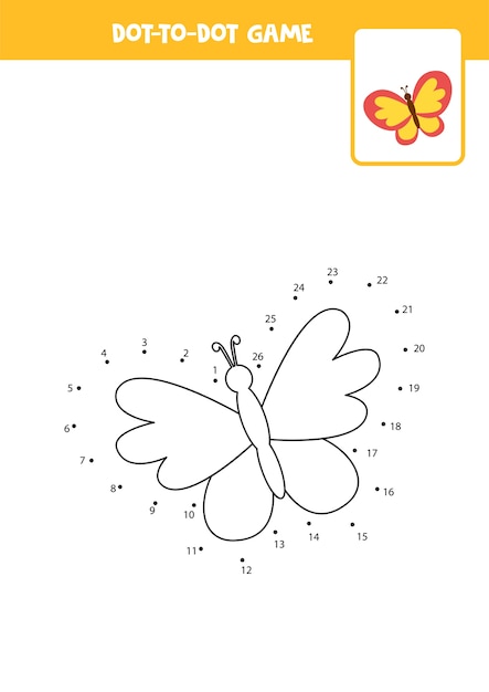 Connect the dots game with cartoon butterfly Educational worksheet