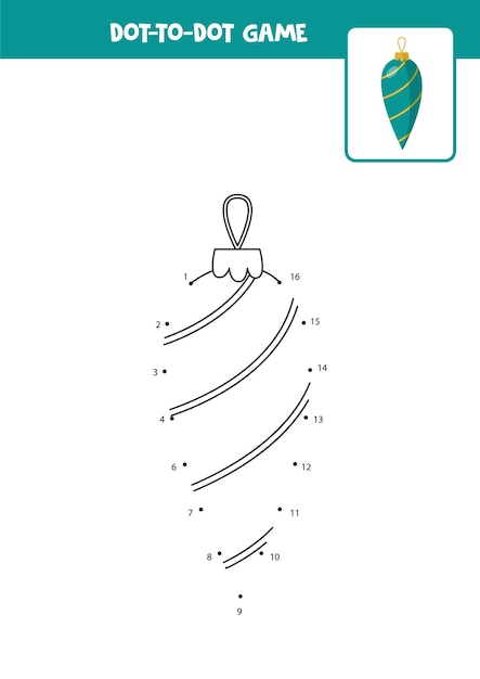 Connect the dots game with cartoon Christmas ball. Educational worksheet.