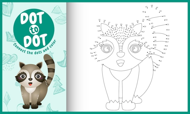 Connect the dots kids game and coloring page with raccoon character