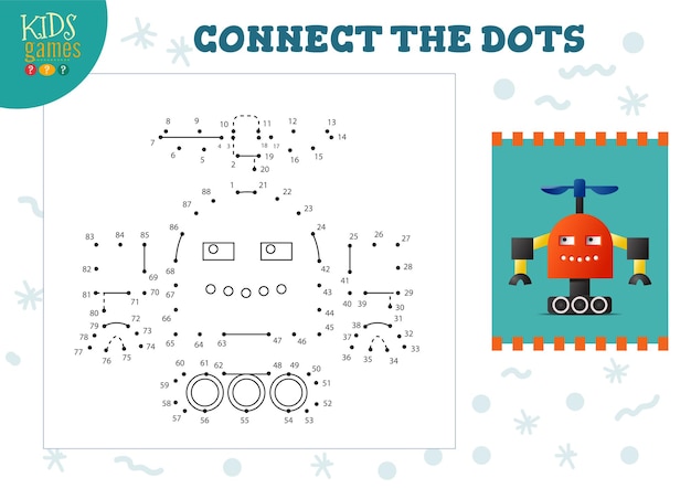 Connect the dots kids game vector illustration. Preschool children education activity with joining dot to dot and coloring funny cute robot character