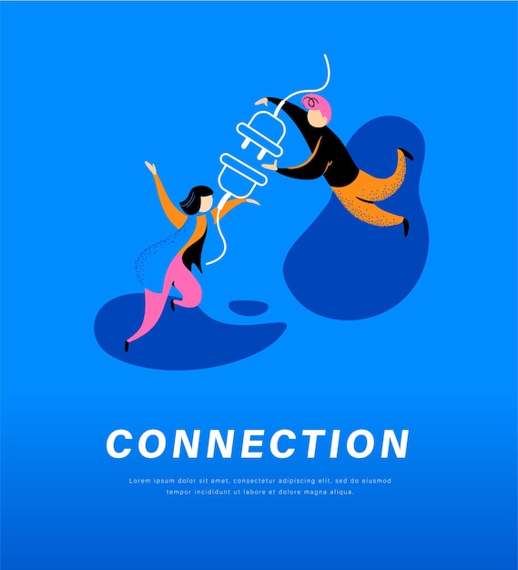 Connection abstract metaphor People connecting plug and socket together Secure internet connection partnership togetherness communication concept Vector flat illustration