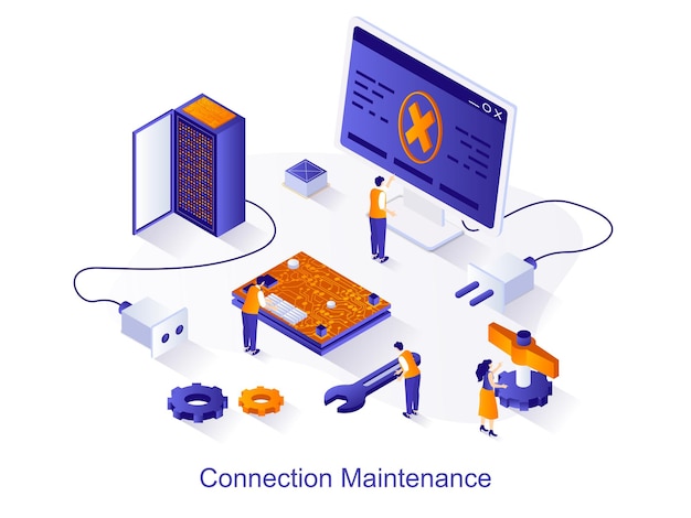 Connection maintenance isometric web concept People configure Internet signal on computer