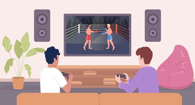 Console twoplayer fighting video game flat color vector illustration