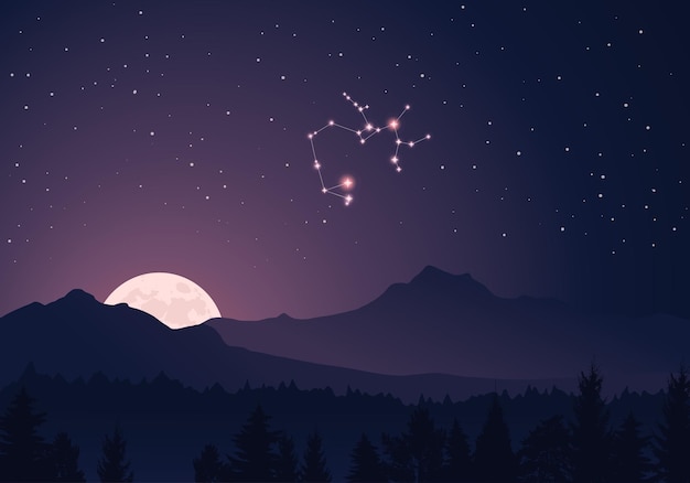 Constellation Sagittarius on the background of the starry sky, mountains, forest, moon