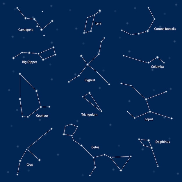 Constellations: cassiopeia, big dipper, cepheus, lyra, grus, cygnus, triangulum, cetus, corona borealis, columba, lepus, delphinus, vector illustration