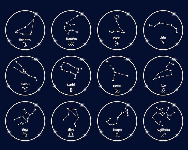 Constellations of zodiac signs in white shiny circles, set. White outline on a blue background.Icons