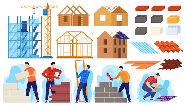 Vector construction building activity  illustration, cartoon  active worker characters build house, builders doing constructing job