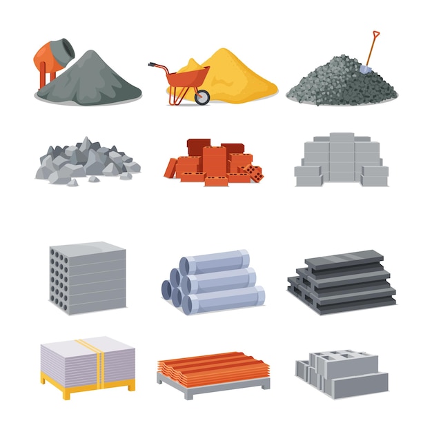 Construction And Building Materials Isolated Icons Concrete Mixer Pile Of Cement Trolley With Sand And Gravel or Stones