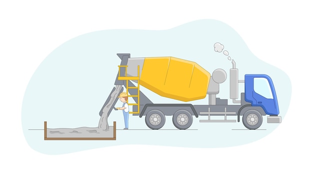 Vector construction concept. concrete mixer driver at work. worker controls concreting process. construction machinery operator jobs. male character at work.