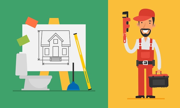 Construction Concept Plumber Holding Pipe Wrench and Tools. Vector Illustration. Set Objects.