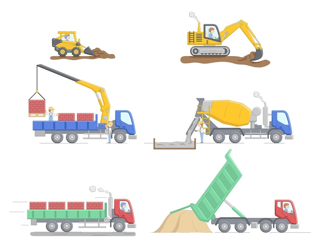 Construction Concept. Set Of Different Construction Truks And Equipment For Differend Work. Construction Machinery Operator Jobs. Characters At Work. Cartoon Linear Outline Flat Vector Illustration.