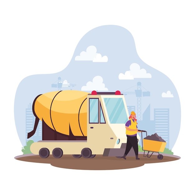 Construction concrete mixer vehicle and builder in workplace scene vector illustration design