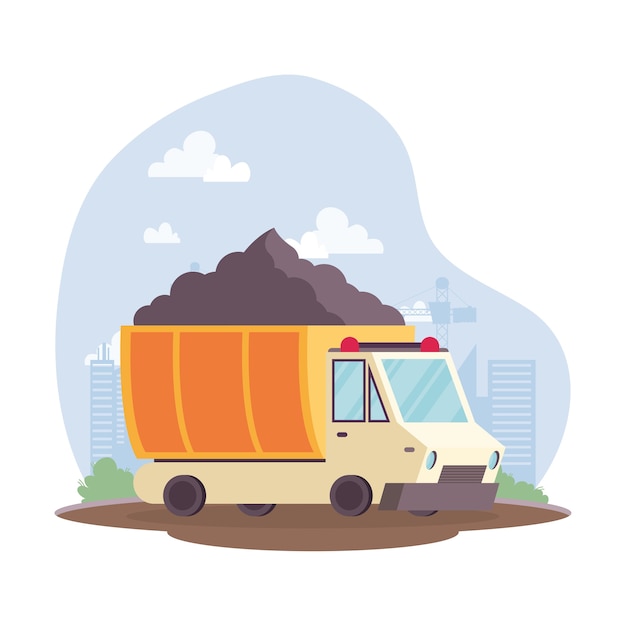 Construction dump with sand vehicle in workplace scene vector illustration design