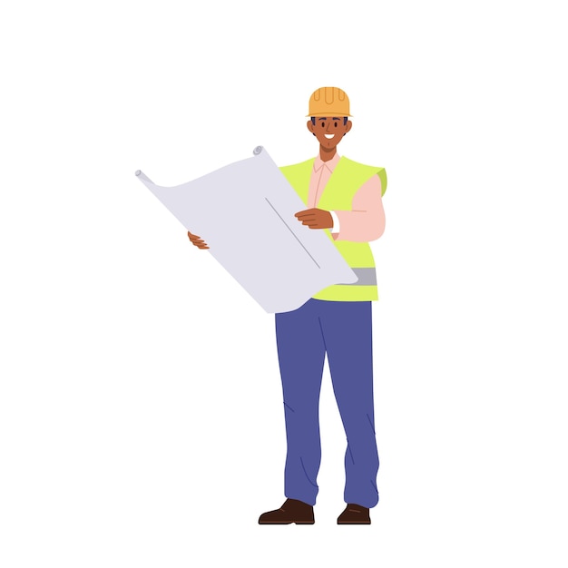 Vector construction engineer or architect supervisor cartoon male character holding project blueprint