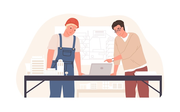 Construction engineer and foreman in hard hat discussing and working on building project at table with laptop, layouts and drawings. Colored flat vector illustration isolated on white background.