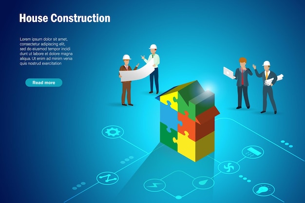 Vector construction engineer team discuss on facilities and progression on building house in jigsaw puzzle