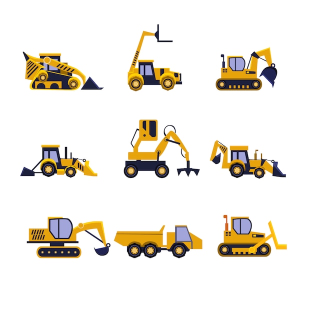 Construction Equipment Road Roller, Excavator, Bulldozer and Tractor set