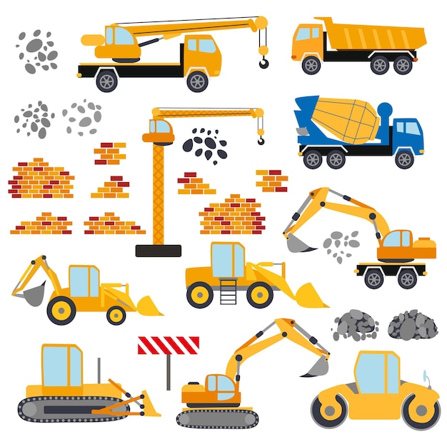 Construction equipment set Special machines for construction work Forklifts concrete mixer cranes excavators tractors bulldozers trucks