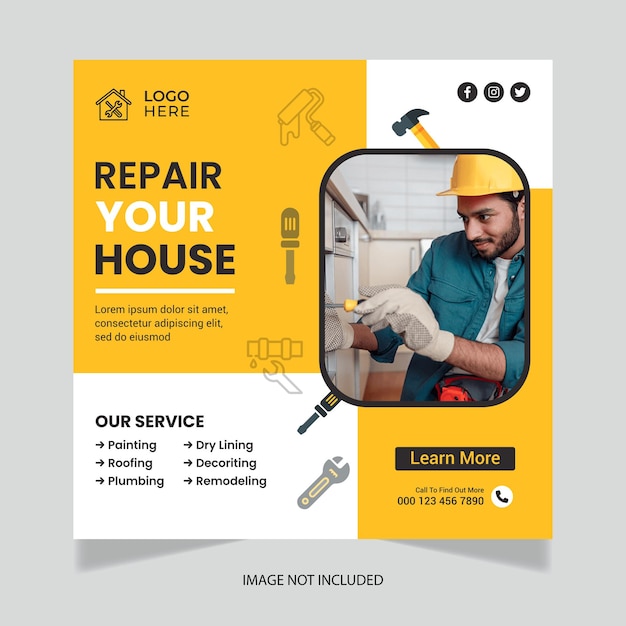 Vector construction handyman home repair square social media post and web banner template