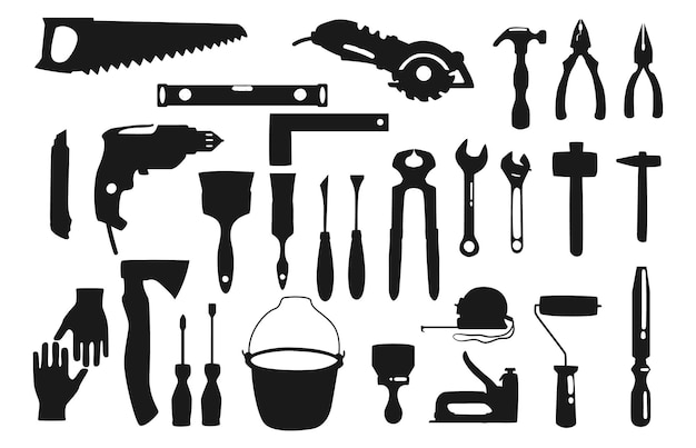 Construction hardware industrial tools isolated Vectors Silhouettes