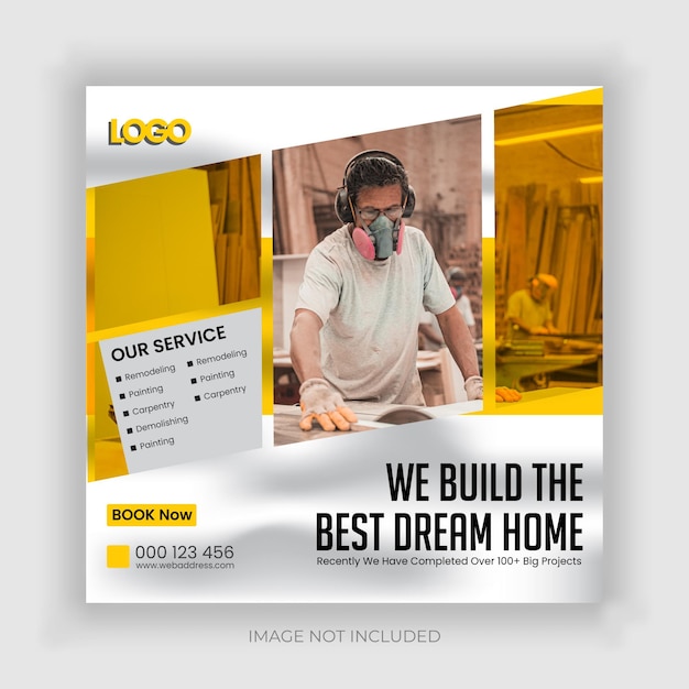 Construction and house renovation services social media post and web banner design template premium