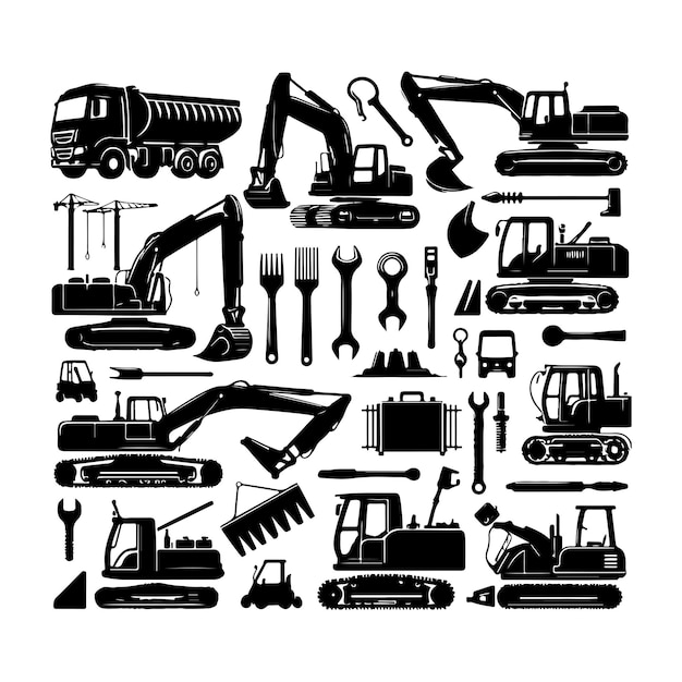 Construction Icon Set Black Construction Equipment collection and Silhouette construction tool