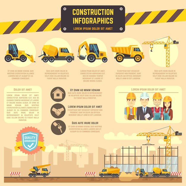 Construction infographic vector template with construction machinery, charts, diagrams for business 